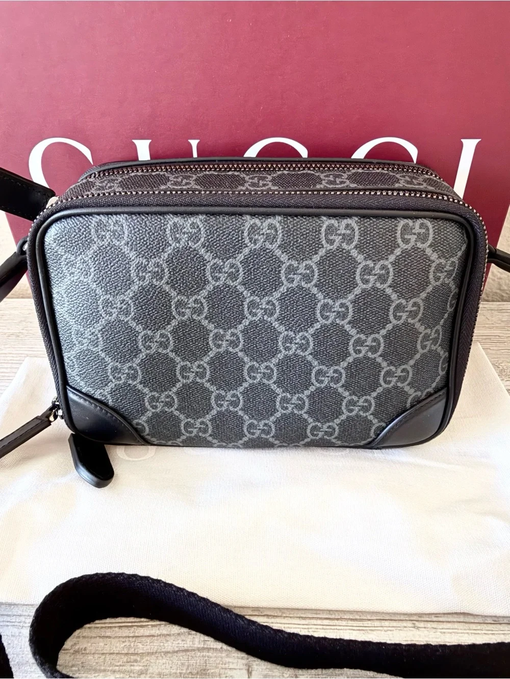 New Gucci GG Emblem canvas men mini crossbody bag, black